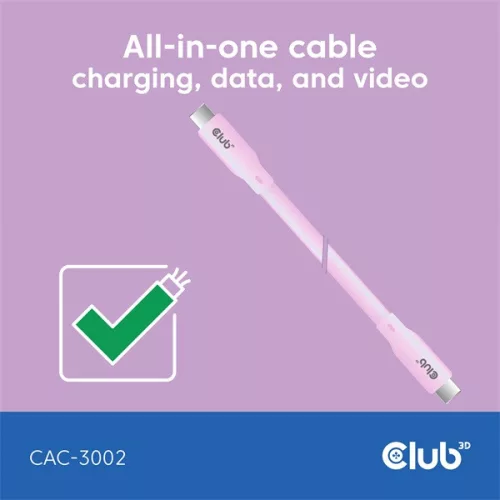 Club 3D Kábel - CAC-3002 (USB-C, PD 240W, 20Gbps, 4K60Hz, rózsaszín, M/M, 2m)