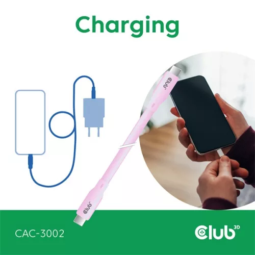 Club 3D Kábel - CAC-3002 (USB-C, PD 240W, 20Gbps, 4K60Hz, rózsaszín, M/M, 2m)