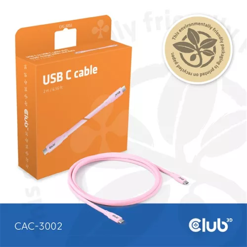 Club 3D Kábel - CAC-3002 (USB-C, PD 240W, 20Gbps, 4K60Hz, rózsaszín, M/M, 2m)