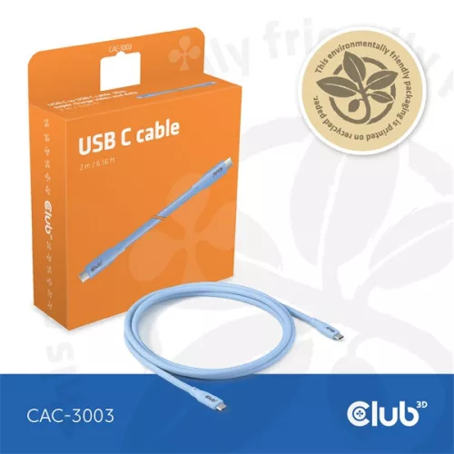 Club 3D Kábel - CAC-3003 (USB-C, PD 240W, 20Gbps, 4K60Hz, kék, M/M, 2m)