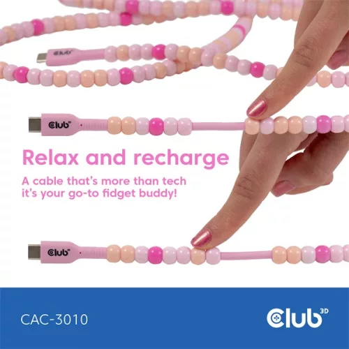 Club 3D Kábel - CAC-3010 (USB-C, PD 240W, 20Gbps, 4K60Hz, pink, M/M, 2m)