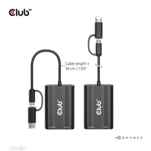 Club 3D Átalakító - CSV-1611(USB-C (USB-A Adapterrel) to Dual HDMI (4K/30Hz) / VGA (1080/60Hz))