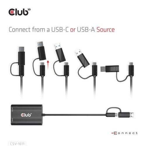 Club 3D Átalakító - CSV-1611(USB-C (USB-A Adapterrel) to Dual HDMI (4K/30Hz) / VGA (1080/60Hz))