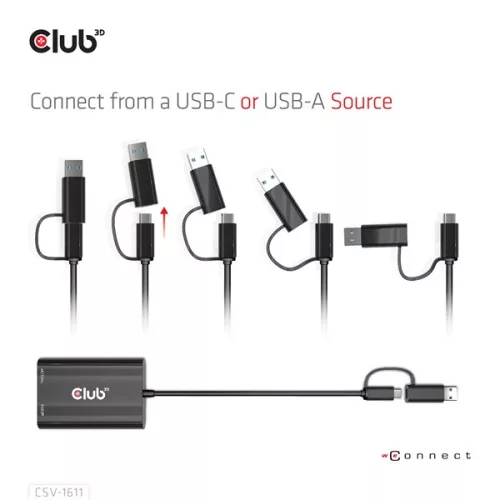 Club 3D Átalakító - CSV-1611(USB-C (USB-A Adapterrel) to Dual HDMI (4K/30Hz) / VGA (1080/60Hz))