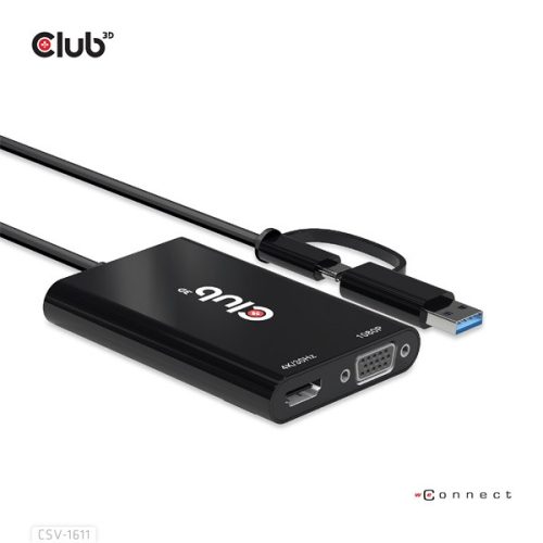 Club 3D Átalakító - CSV-1611(USB-C (USB-A Adapterrel) to Dual HDMI (4K/30Hz) / VGA (1080/60Hz))