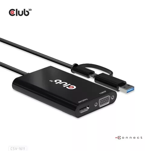 Club 3D Átalakító - CSV-1611(USB-C (USB-A Adapterrel) to Dual HDMI (4K/30Hz) / VGA (1080/60Hz))