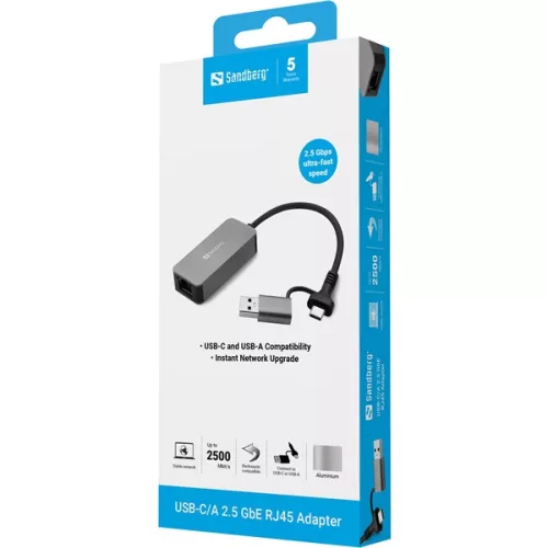 Sandberg Kábel Átalakító - USB-C/A 2.5 GbE RJ45 Adapter