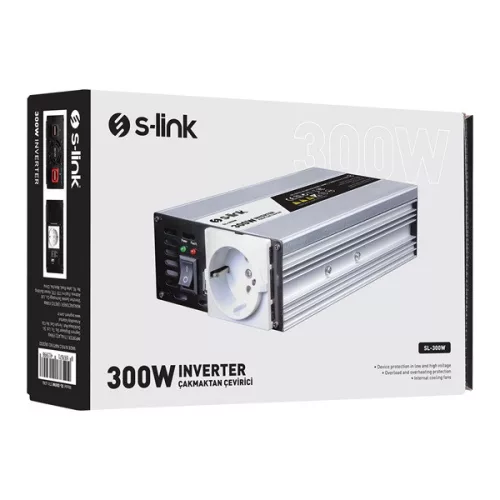 S-Link Inverter - SL-300W (1 Schuko, szivargyújtó, 300W, DC12V-AC230V fekete)