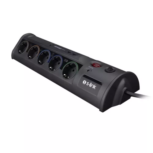 S-Link Túlfeszültségvédő - Swapp SP10AF (10 aljzat, max.3680 Watt, 1860 Joule, 2xUSB, gyermekvédelem, 1,8m kábel,fekete)