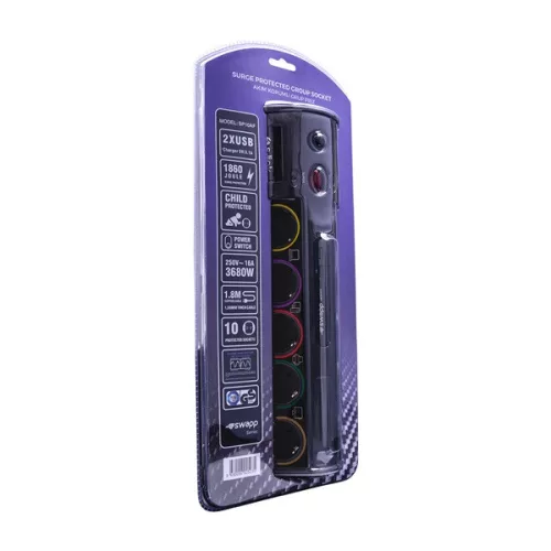 S-Link Túlfeszültségvédő - Swapp SP10AF (10 aljzat, max.3680 Watt, 1860 Joule, 2xUSB, gyermekvédelem, 1,8m kábel,fekete)