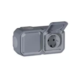   Legrand Plexo 55 falon kívüli 2x2P+F elővezetékezett vízszintes csatlakozóaljzat csapófedéllel, összeszerelt, szürke