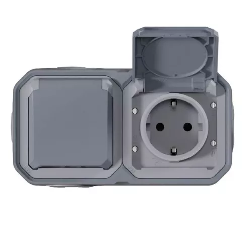 Legrand Plexo 55 falon kívüli 2x2P+F elővezetékezett vízszintes csatlakozóaljzat csapófedéllel, összeszerelt, szürke