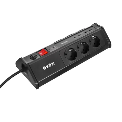 S-Link Túlfeszültségvédő - PRZ03 (3m, 630 Joule, 2xUSB-A, 2xType-C, 2.4A/5V, 6000V, 6db schuko)