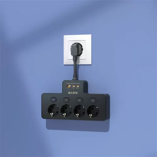 S-Link Túlfeszültségvédő - PRZ08 (15cm, 210 Joule, USB-A, 2xType-C, 16A, 3.4A/5V, 3680W, 4db schuko, fekete)