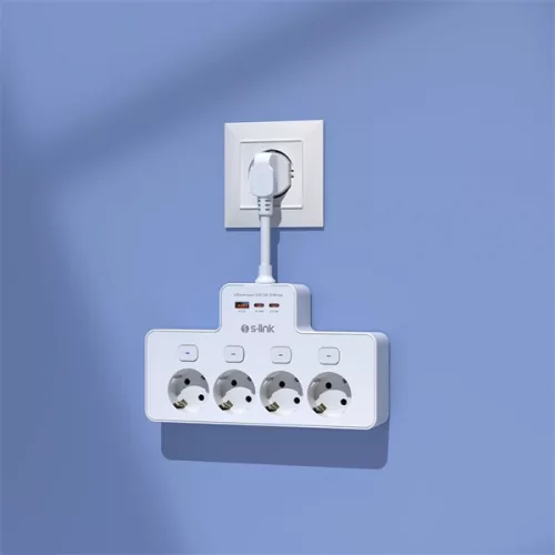 S-Link Túlfeszültségvédő - PRZ08 (15cm, 210 Joule, USB-A, 2xType-C, 16A, 3.4A/5V, 3680W, 4db schuko, fehér)