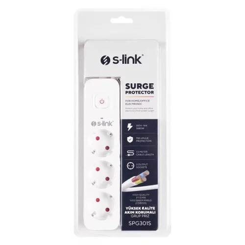 S-Link Túlfeszültségvédő - SPG301S (1,5m, 750 Joule, 16A, 3680W, 3db schuko, fehér)