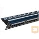 UTP Cat5e patch panel, 24 portos, levehető tehetmentesítővel