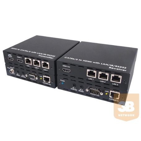 HDMI extender szett, HD BaseT, infra, RS232, (3D, 4Kx2K), 3-3db LAN csatlakozási lehetőséggel, 1 tápegységgel, 100m