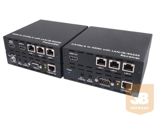 HDMI extender szett, HD BaseT, infra, RS232, (3D, 4Kx2K), 3-3db LAN csatlakozási lehetőséggel, 1 tápegységgel, 100m